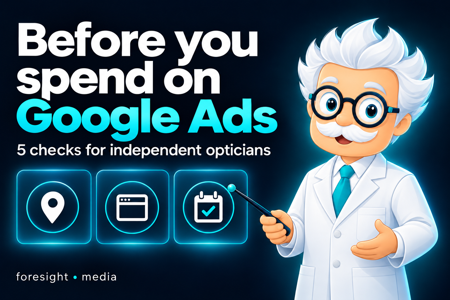 Foresight mascot presenting five Google Ads checks for independent opticians