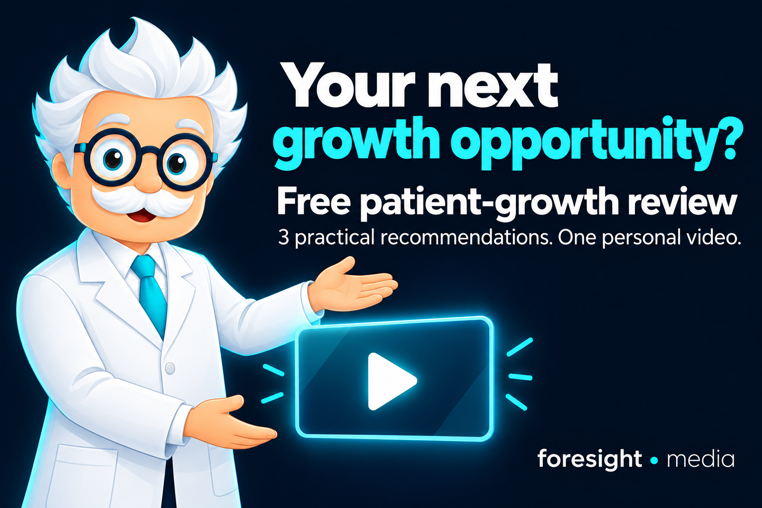 Foresight mascot introducing a free patient-growth review with three recommendations in a personal video